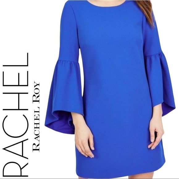 NWT Royal Blue A Line Bell Sleeve Short Dress with Long Sleeves Size Large - Picture 4 of 11